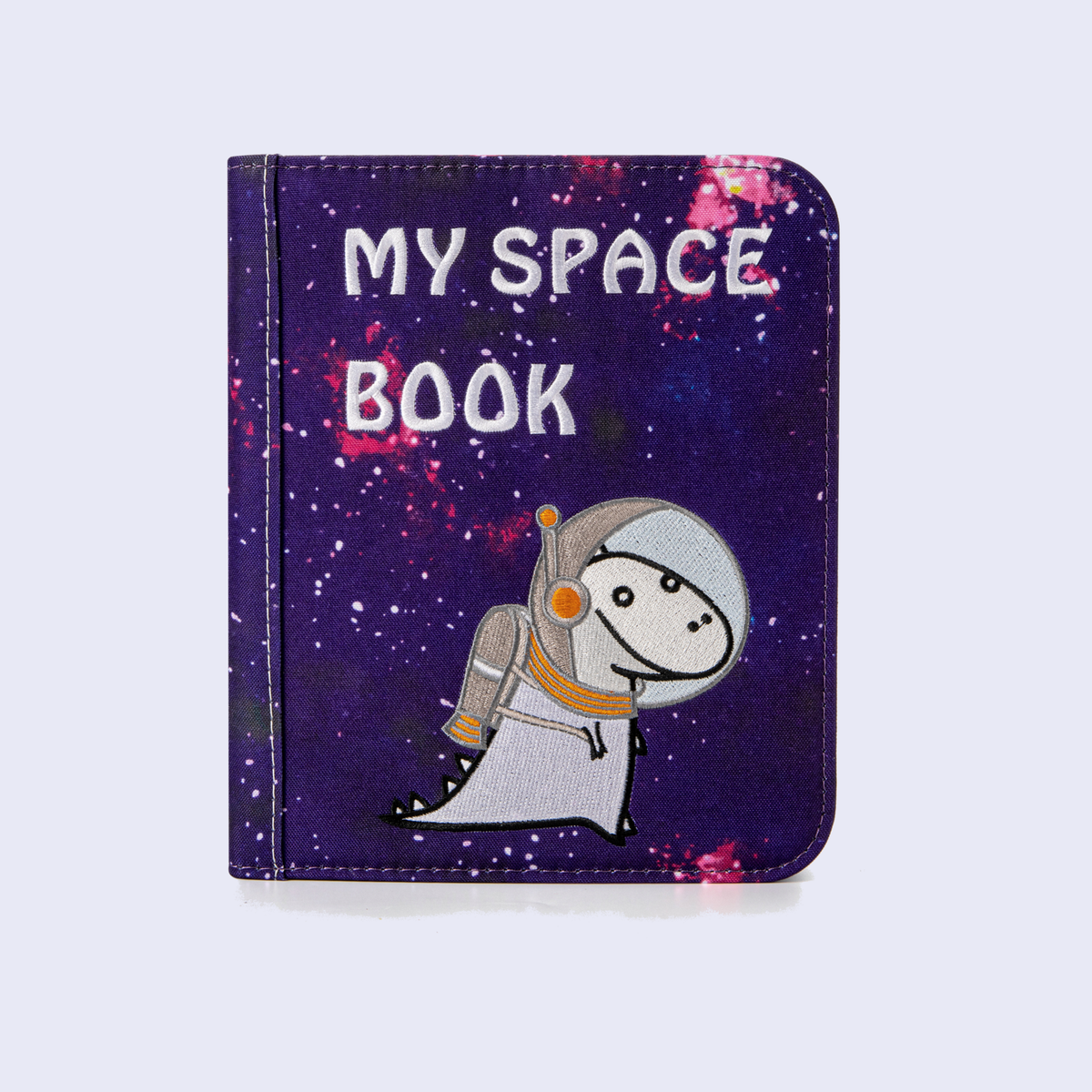 Space quiet book closed – MY SPACE BOOK cover with dino astronaut on a soft space background