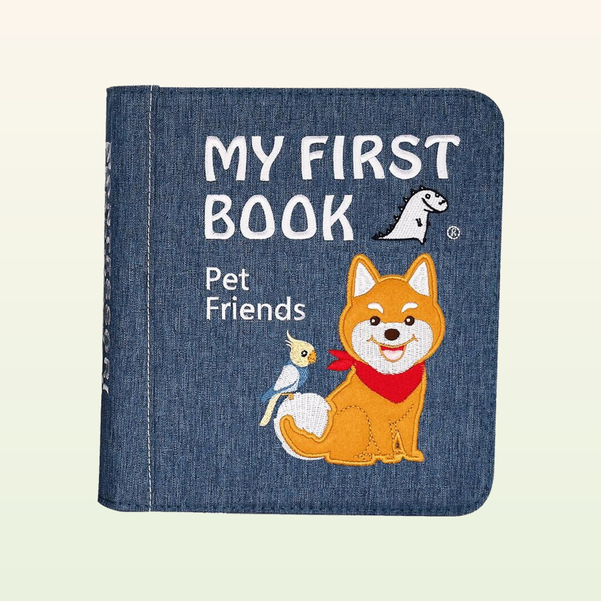 Pet Friends quiet book closed – denim blue MY FIRST BOOK cover with Shiba dog and bird on a soft cream background