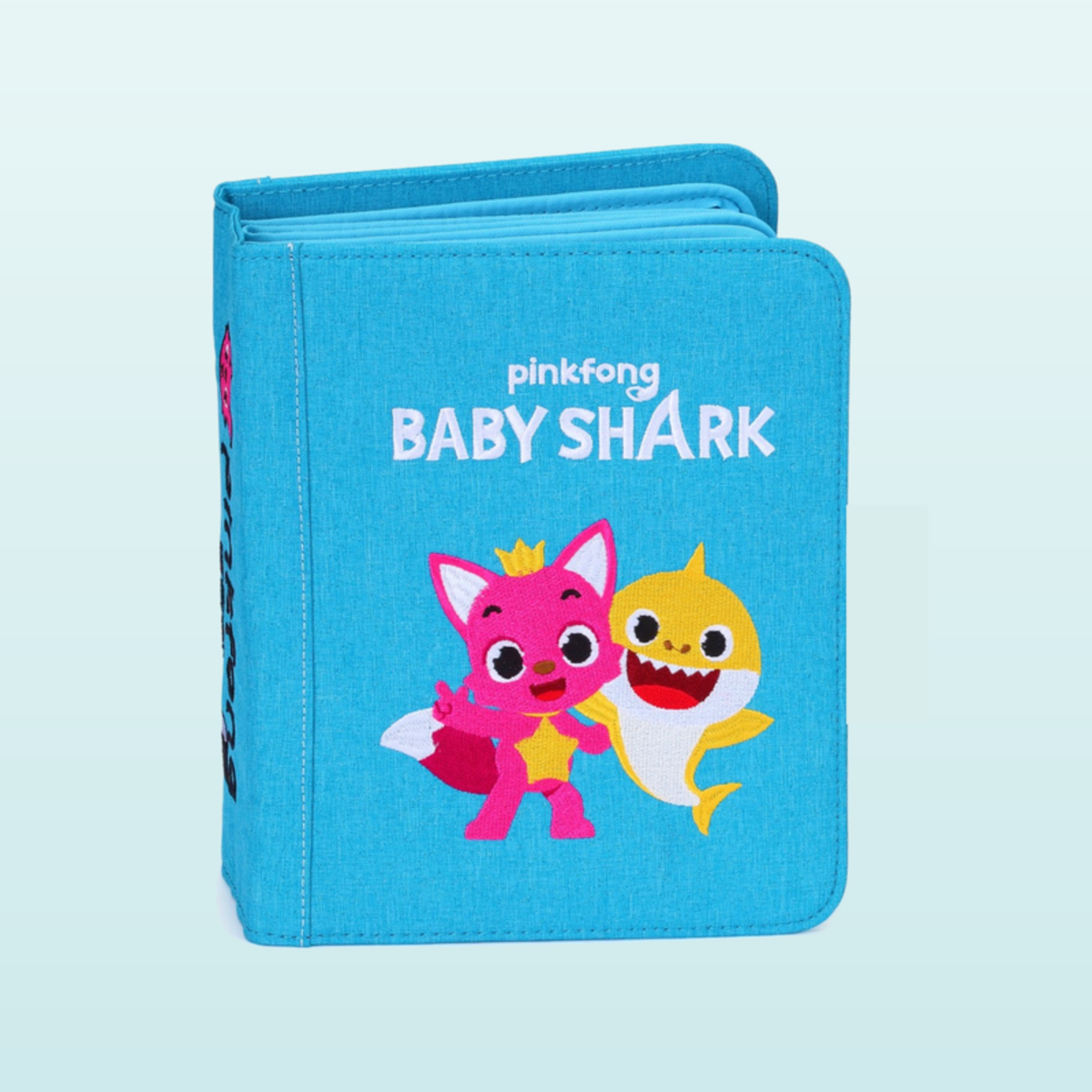 Baby Shark quiet book closed – turquoise Pinkfong cover with Pinkfong and Baby Shark on a soft sea background
