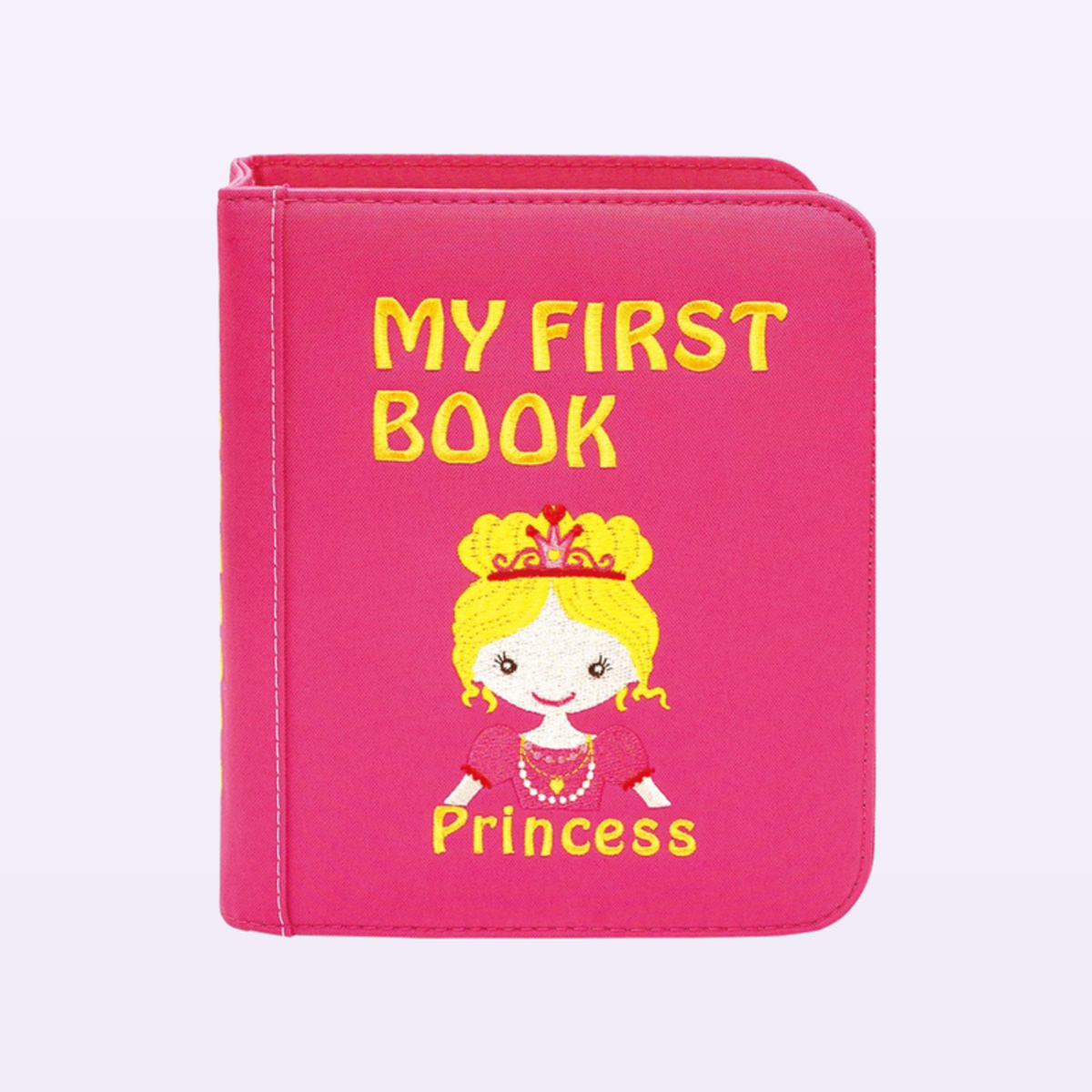 Princess quiet book closed – pink MY FIRST BOOK cover with princess on a soft lavender background