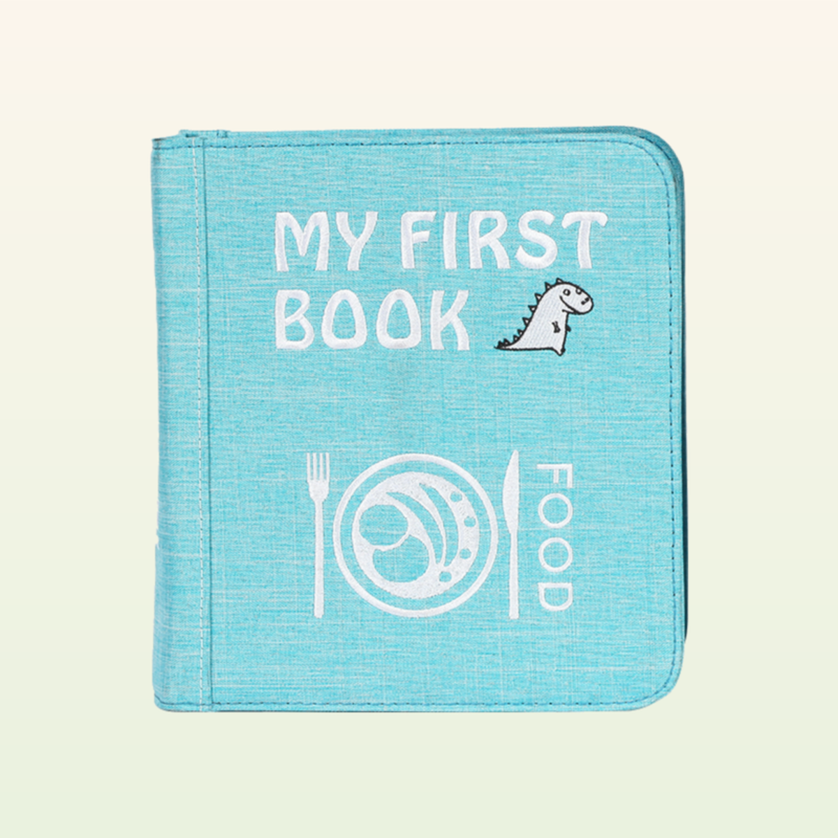 Little Foodies quiet book closed – light blue MY FIRST BOOK Food cover on a soft cream background