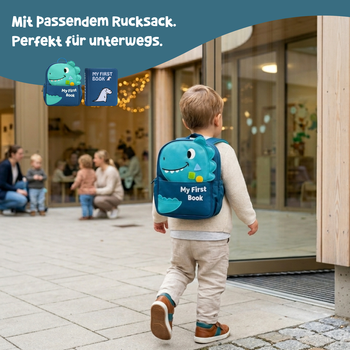 My Everyday Montessori quiet book with matching backpack – toddler carrying the blue dino backpack on the way to nursery – ideal for on the go from 1 year