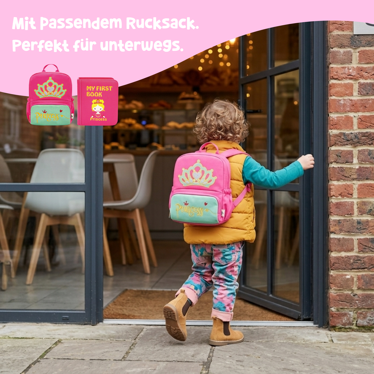 Child carrying the matching pink princess backpack – Montessori quiet book with matching backpack, complete set for on the go from 3 years