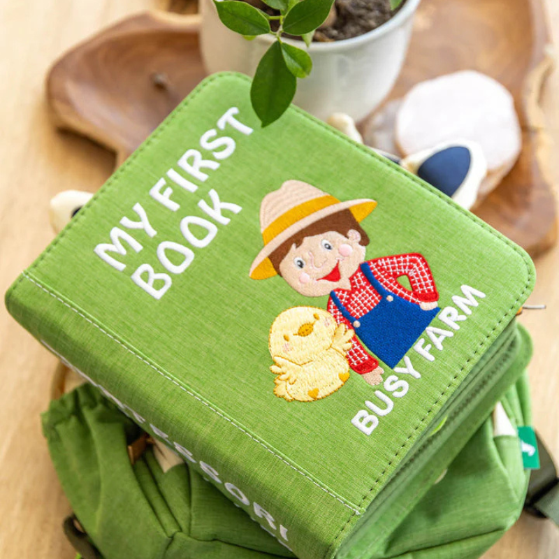 Farm fabric book with interactive scenes – playful learning for preschool