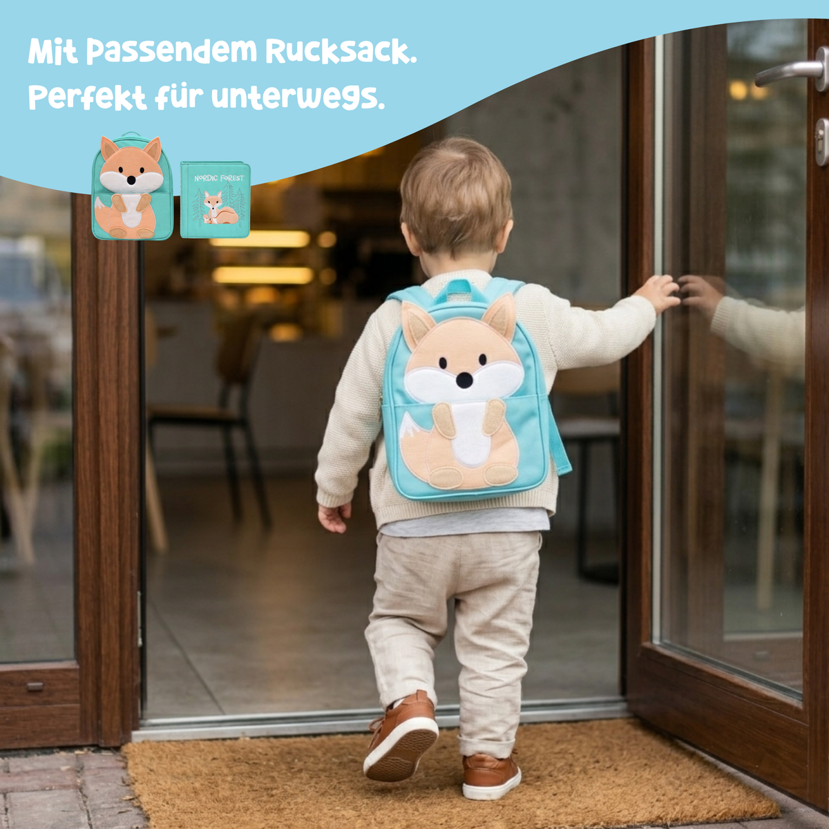 Toddler wearing the Nordic Forest fox backpack out and about – quiet book with matching backpack, ideal on the go, from 1 year