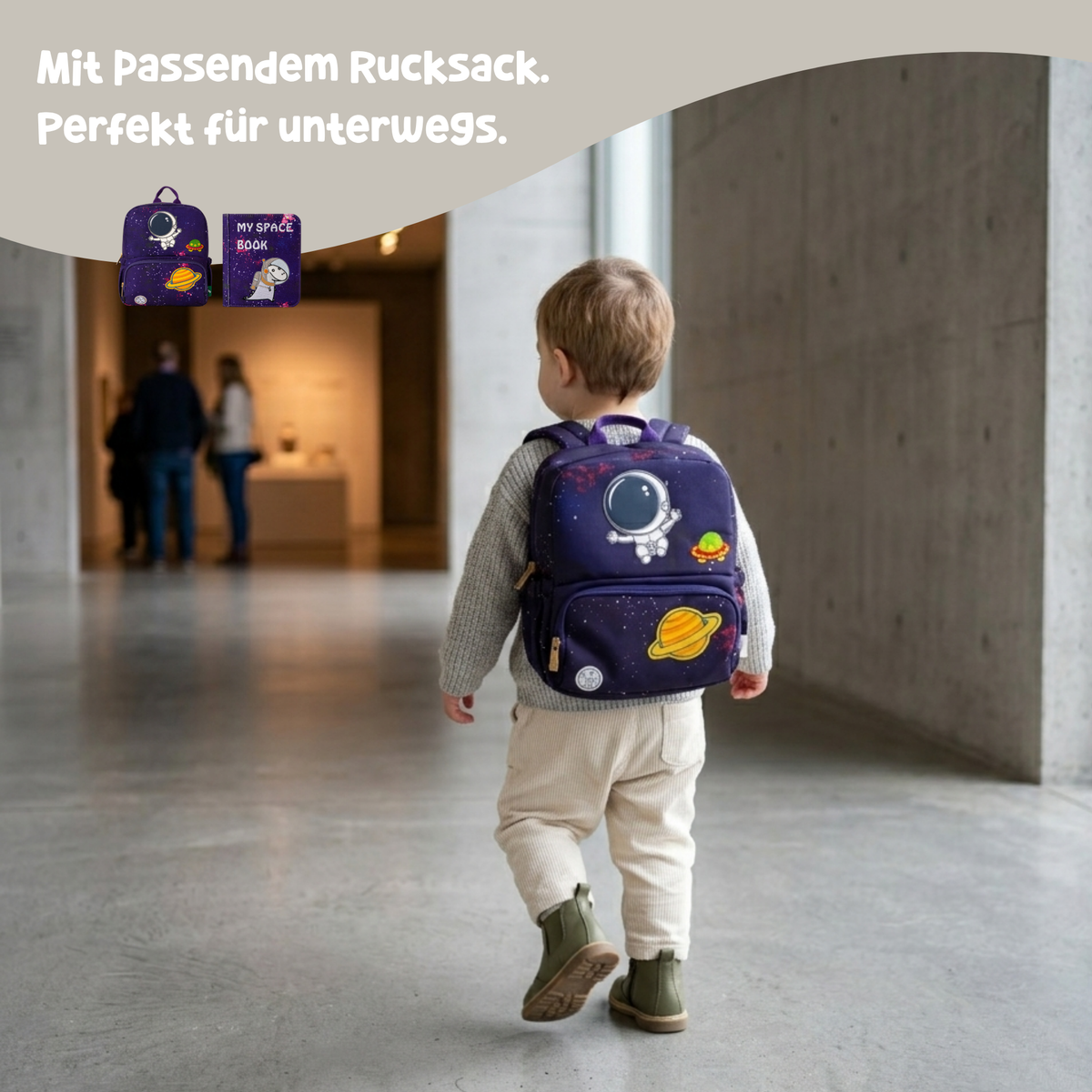 Child carries the purple space backpack with astronaut and Saturn appliques while out and about – matching the quiet book for children from 3 years