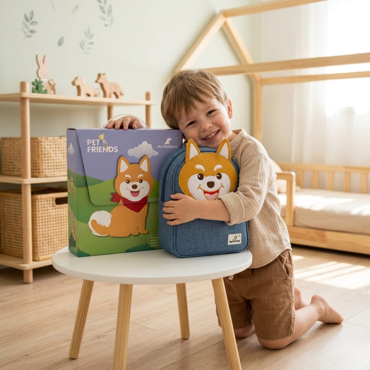 Smiling child kneels in the nursery hugging the Pet Friends gift packaging with dog motif and the matching Shiba backpack on a table – ideal gift set. From 1 year.