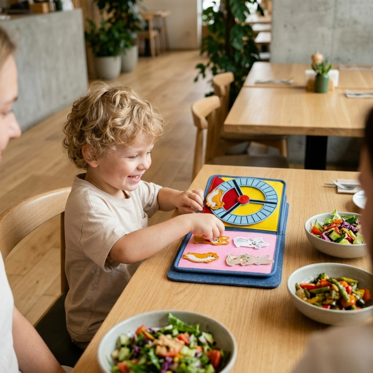 Smiling child plays with the Pet Friends quiet book in a restaurant: showing the page with the yellow hamster wheel and the page with removable felt animals such as dog and rabbit, plus healthy food in bowls. From 1 year.