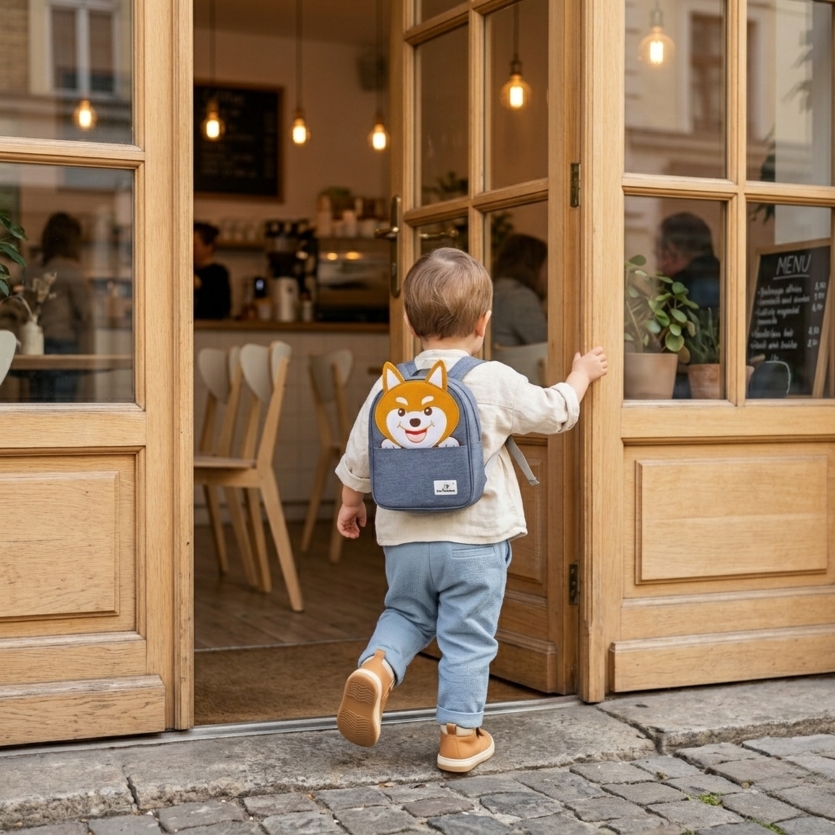 Child walks into a café with oak doors and large windows carrying the Pet Friends Shiba dog backpack – Montessori quiet book set as a companion on the go. From 1 year.
